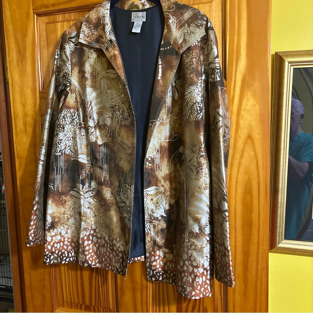 Chico's Elegant Gold Jacket with Floral Design and sequins. Size 2